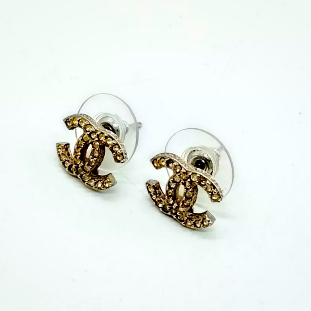 100% Authentic Chanel Earring, Silver tone metal with white rhinestones